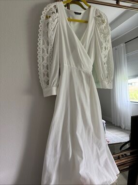 White Lace-Sleeve Wrap Midi Dress